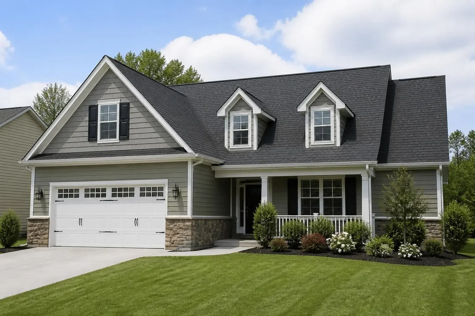 A two-story home with a new dark shingle roof