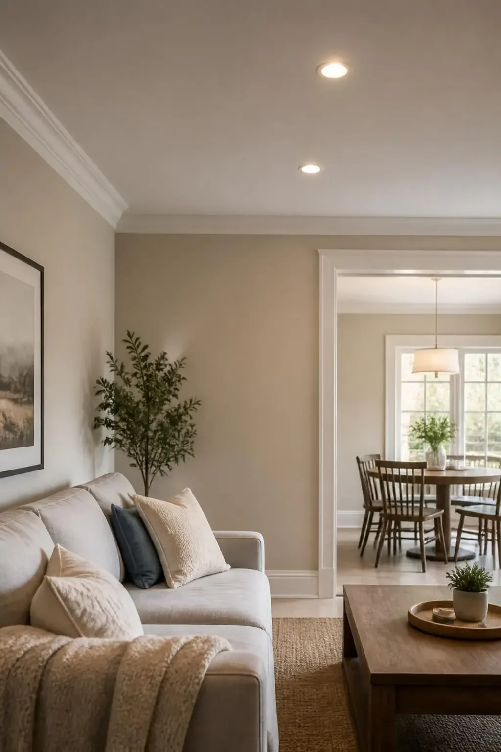 A bright living room with a view into the dining area