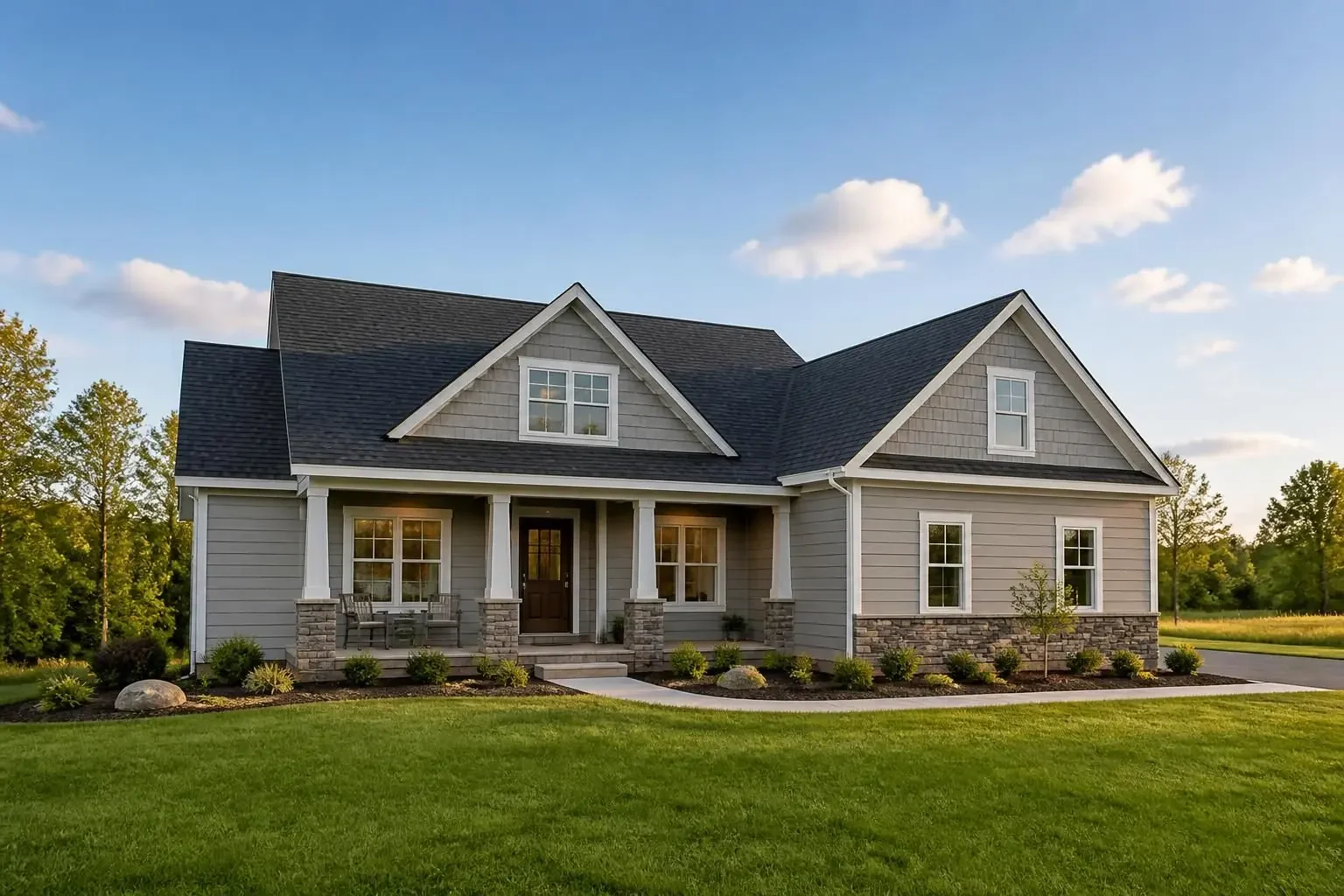A finished roof on a two-story home with stone accents